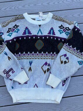 Vintage Aigner XL Geometric Aztec Sweater Pullover 80s Wool Blend New Old Stock